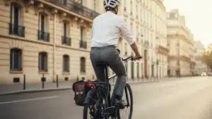 Cadre se rendant au bureau à vélo de fonction électrique dans une rue parisienne au petit matin