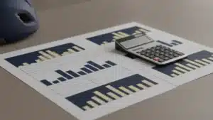Deux tableaux de comparaison financière et une calculatrice sur un bureau, avec un casque de vélo en bord de cadre