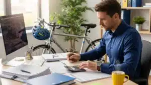 Comptable calculant la fiscalité d'un vélo d'entreprise, casque vélo posé sur le bureau