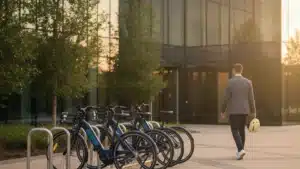 Vélos électriques d'entreprise garés devant un immeuble de bureaux pendant la semaine de la mobilité