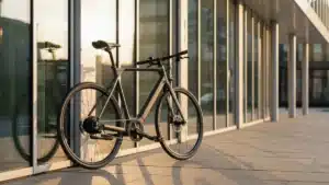 Vélo électrique de fonction devant la façade vitrée d'un immeuble de bureaux au matin
