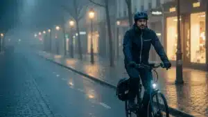 Salarié à vélo électrique un matin d'hiver pluvieux, veste imperméable, gants, feu avant allumé et sacoche étanche, sur une piste cyclable urbaine