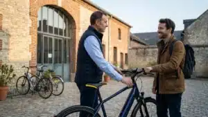 Dirigeant d'une petite entreprise remettant un vélo électrique de fonction à un salarié devant l'atelier, illustration de la conversion de salaire vélo en TPE et PME
