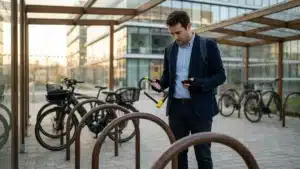Salarié devant l'arceau vide d'un parking vélo d'entreprise, tenant un antivol en U sectionné, après le vol de son vélo de fonction